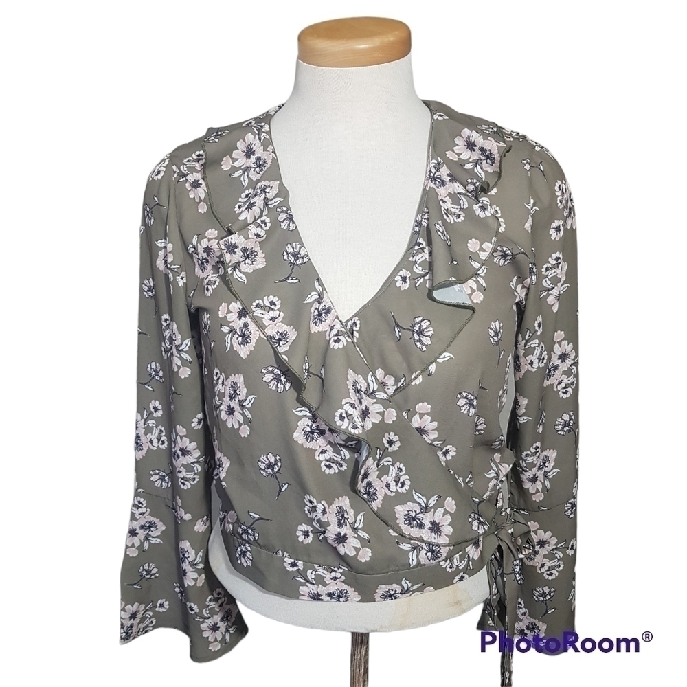 California Moonrise Floral Frill Wrap Blouse with Bell Sleeves